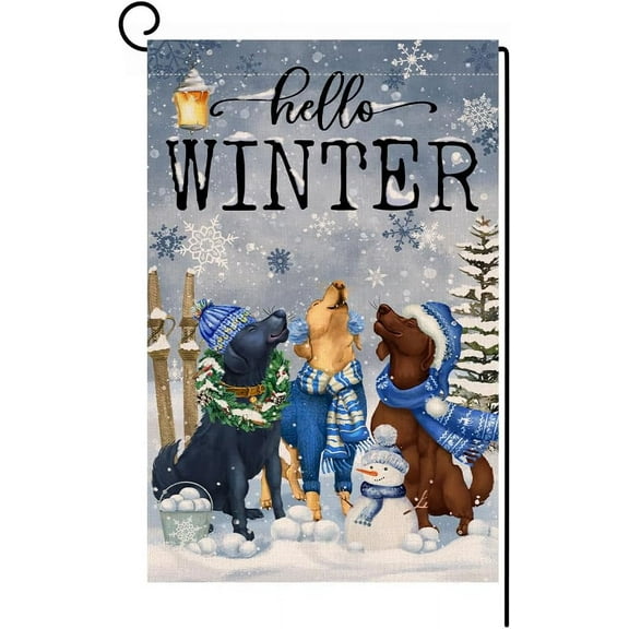 Shmbada Hello Winter Dogs Garden Flag 12x18 Vertical Double Sided Farmhouse Welcome Christmas Holiday Outside Decorations Burlap Yard Flag