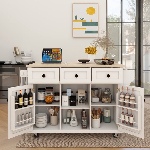 LFSLJJMY Contemporary Kitchen Island with Rubberwood Drop-Leaf Countertop, 5 Wheels, 2-Door Storage Cabinet, 3 Drawers, White