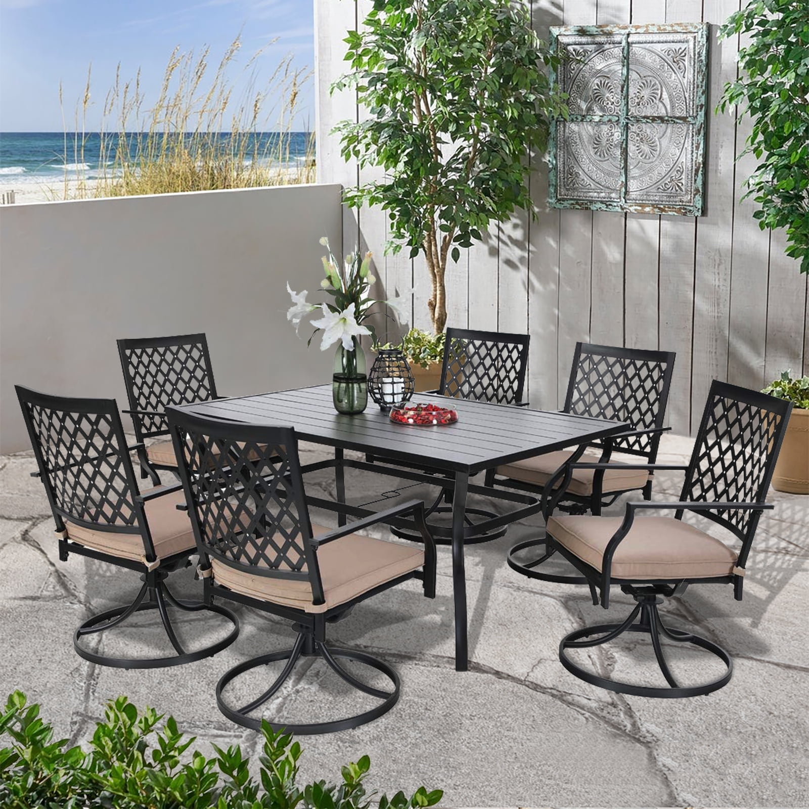 Lowestbest Garden Table With Umbrella Hole Outside Dining Furniture For Picnic Garden Party Walmart Com Walmart Com