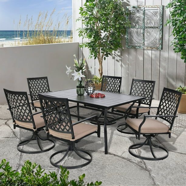 Mf Studio 7 Pieces Outdoor Dining Set Metal Patio Furniture With 6 Swivel Chair And 1 Rectangular Table Beige Cushion Com - Is Metal Outdoor Furniture Good