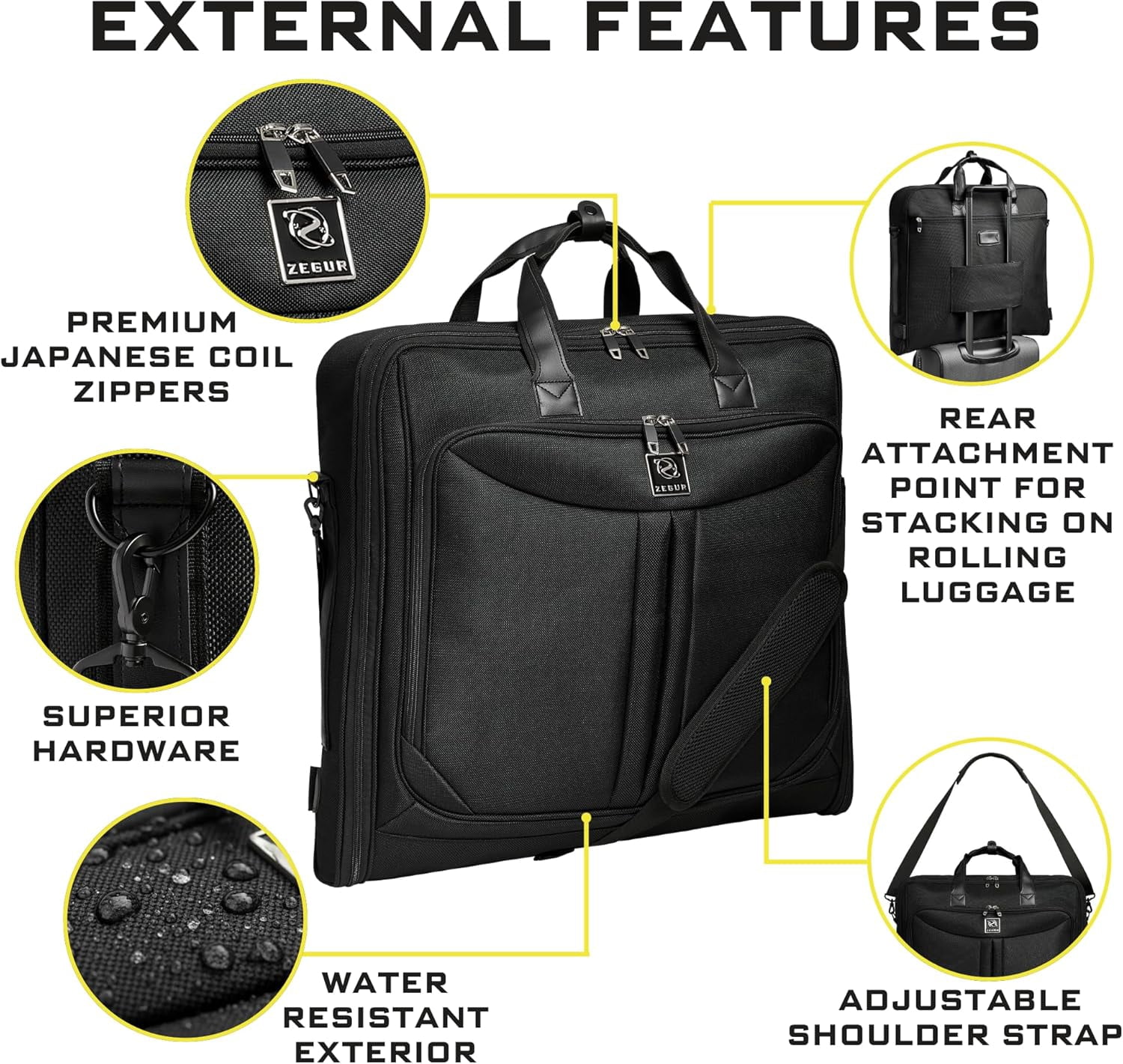 ZEGUR 40-Inch 3 Suit Carry On Garment Bag for Travel or Business Trips - Features an Adjustable Shoulder Strap and Multiple Organization Pockets - Black