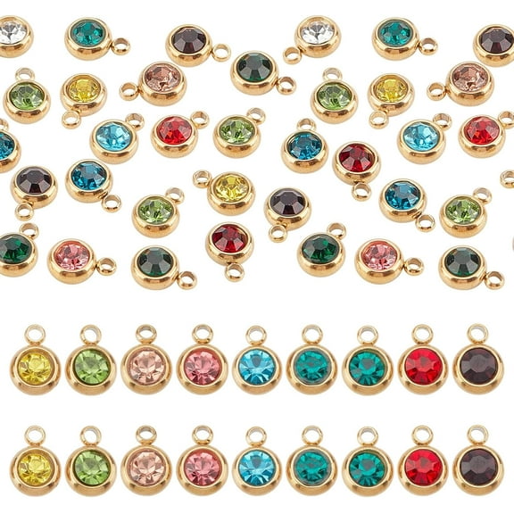 Flat Round Real Birthstone Charms Rhinestone Pendants Glass Charms Metal Dangle Pendants for DIY Bracelets Necklaces Jewelry Making