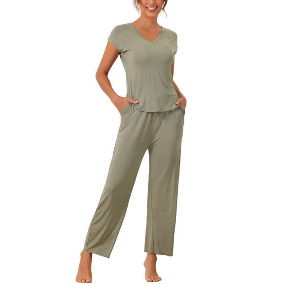 DARING DIVA Women's 2 Pcs Modal Pajama Loungewear Set Long Pants Sweatsuit Grey Green XS