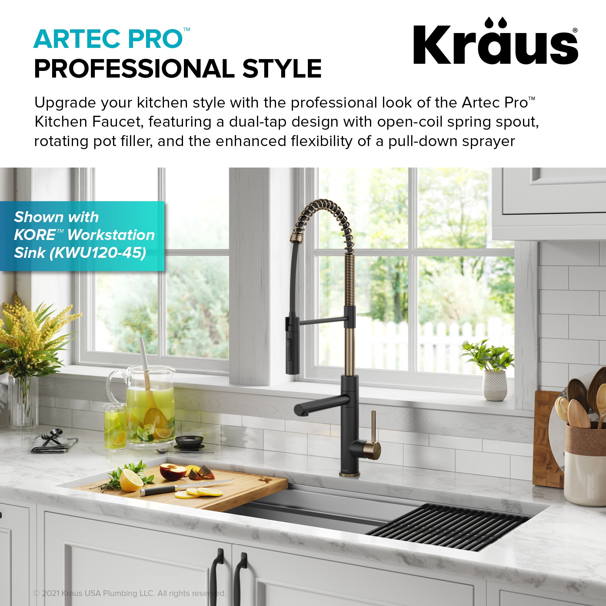 Kraus Artec Pro Commercial Style Pull-Down Single Handle Kitchen Faucet with Pot Filler in Spot Free Antique Champagne Bronze / Matte Black
