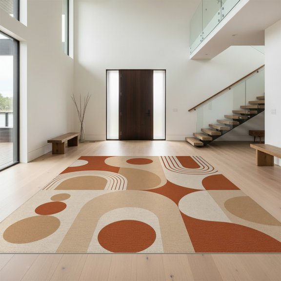 Design&I 8'x10' Washable Area Rug Beige Terracotta Geometric Arch Design Retro Abstract with Circles and Arches for King Size Bedroom, Under Bed, Sleek Flatweave Pet Friendly