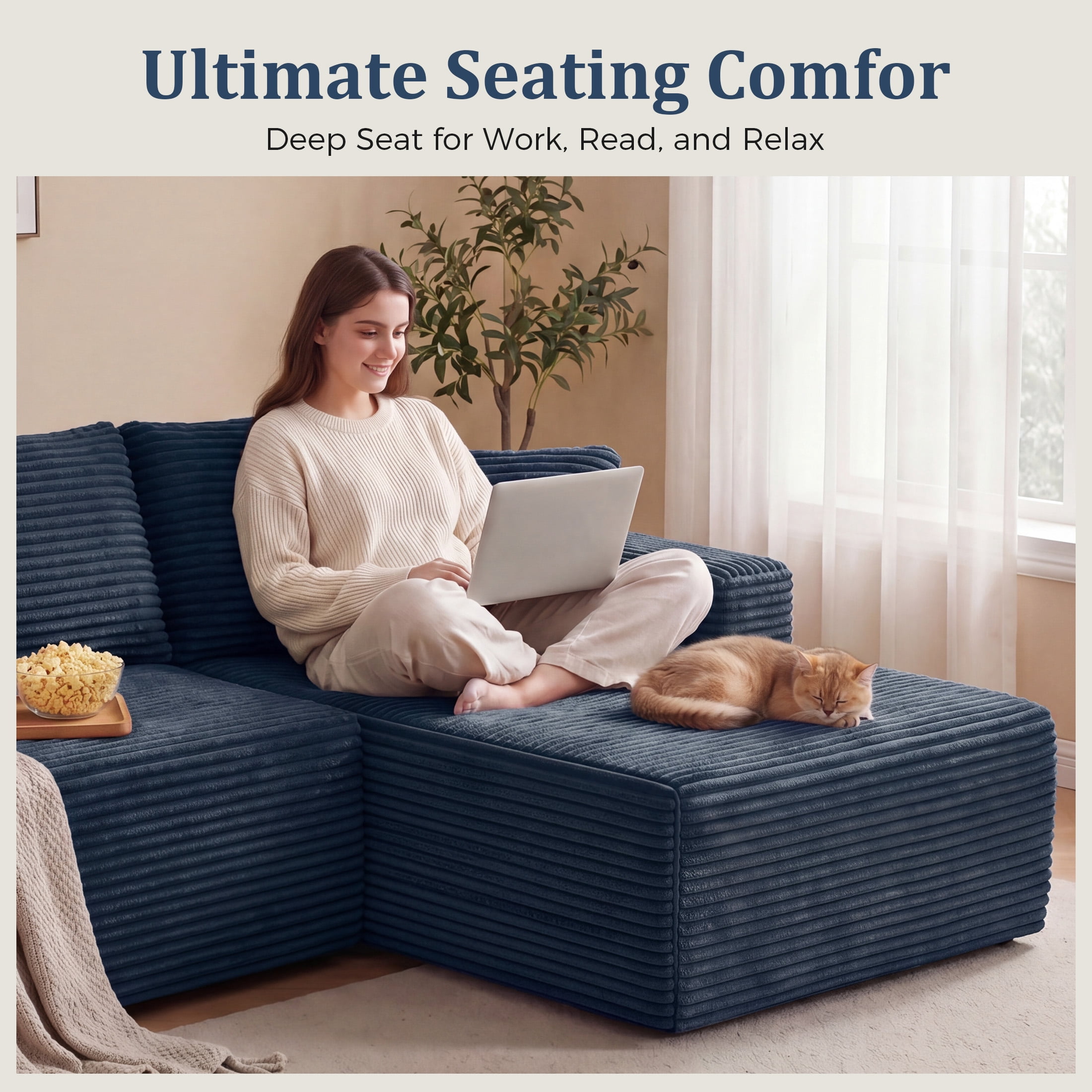 Aenkyo 95 Inch Corduroy L-Shaped Modular Sectional Sofa, Right Chaise, Blue