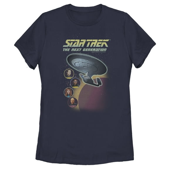 Women's Star Trek: The Next Generation Enterprise with Captain and Crew Portraits Graphic Tee Navy Blue Small