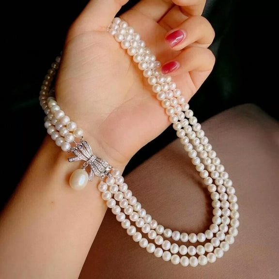 K-KED 3 Strand Natural 5-6mm White Freshwater Pearl Necklace 18"