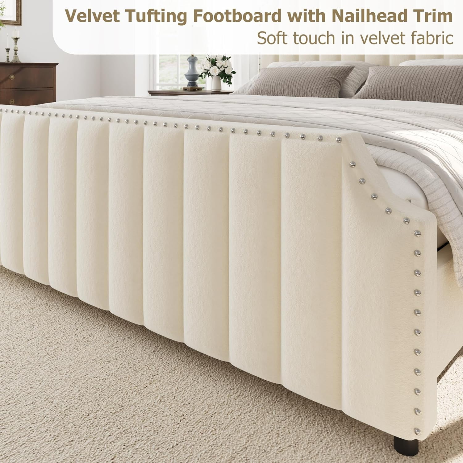 Yesurprise King Size Platform Bed Frame with 50.2Inches Headboard, Velvet Upholstered Bed Frame King with Vertical Channel Tufted Headboard & Footboard, Nailhead Trim, No Box Spring Needed