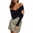 thumbnail image 3 of Women Off the Shoulder Long Sleeve Bodysuit One Lined Thong Bodysuit Black S, 3 of 9