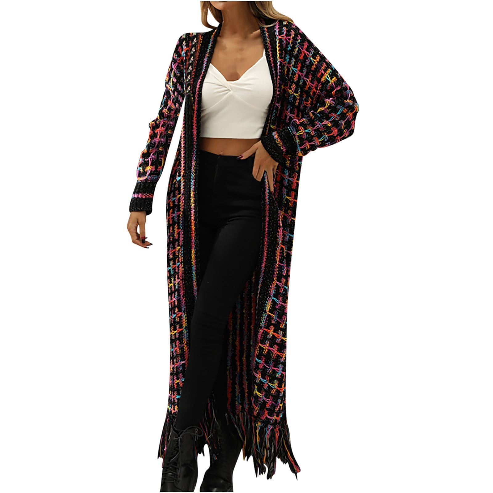 Cardigans Sweaters for Women Long Sleeve Open Front Tassels Oversized Knitted Coats Knee Length Checkered Color Block Soft Outerwear Sweater