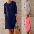 thumbnail image 4 of Vestido informal bohemio hasta la rodilla para mujer, vestido de verano holgado a la moda con cuello redondo, manga larga, de algodón y lino, vestido de color liso, 4 of 4