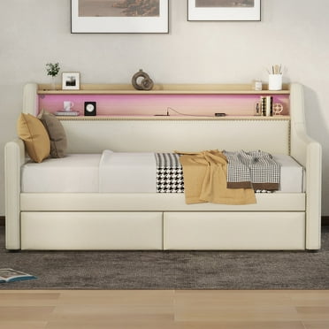 Newboti Furniture Twin Size Daybed with Storage Drawers, Upholstered Daybed with Charging Station and LED Lights, Beige NO.73304