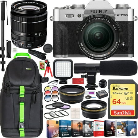 Fujifilm X-T30 Mirrorless 4K Wi-Fi Digital Camera Body w/XF 18-55mm f/2.8-4 Lens Kit Silver Pro Travel Bundle Backpack + Wide Angle & Telephoto Lens + Microphone + LED + 64GB + Filter Set +