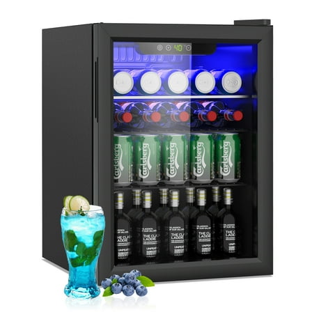 Compact 96 Can/2.6Cubic Foot Beverage Fridge With Glass Door For Soda, Beer Or Wine, Under Counter Drinks Dispenser