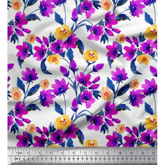 Soimoi polyester Crepe Fabric Flower & Leaves Watercolor Print Fabric by the Yard 42 Inch Wide