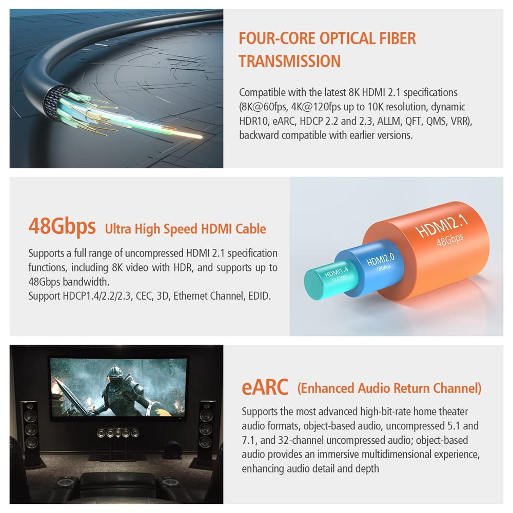 AUBEAMTO 8K HDMI 2.1 Fiber Optic Cable 33ft Supports 4K@120Hz, 8K@60Hz, 7680x4320 Resolution, 48Gbps for PS5 PS4 HDTV etc