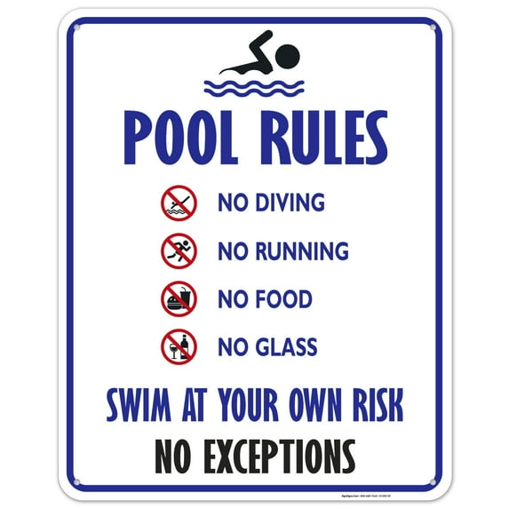 Pool Rules Sign, No Diving No Running No Food No Glass,