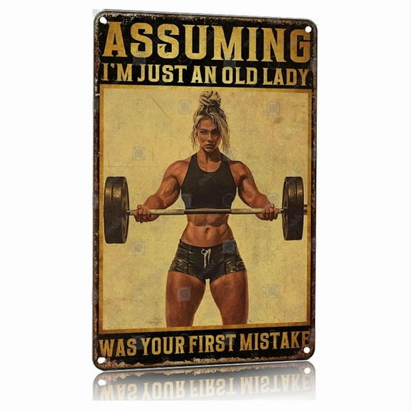 Vintage Motivational Metal Sign for Gym Old Lady Strength Workout Room Decor 8x12 Inch Aluminum Poster Fitness Inspirational Wall Art Home Office Garage Gym Wall Decor