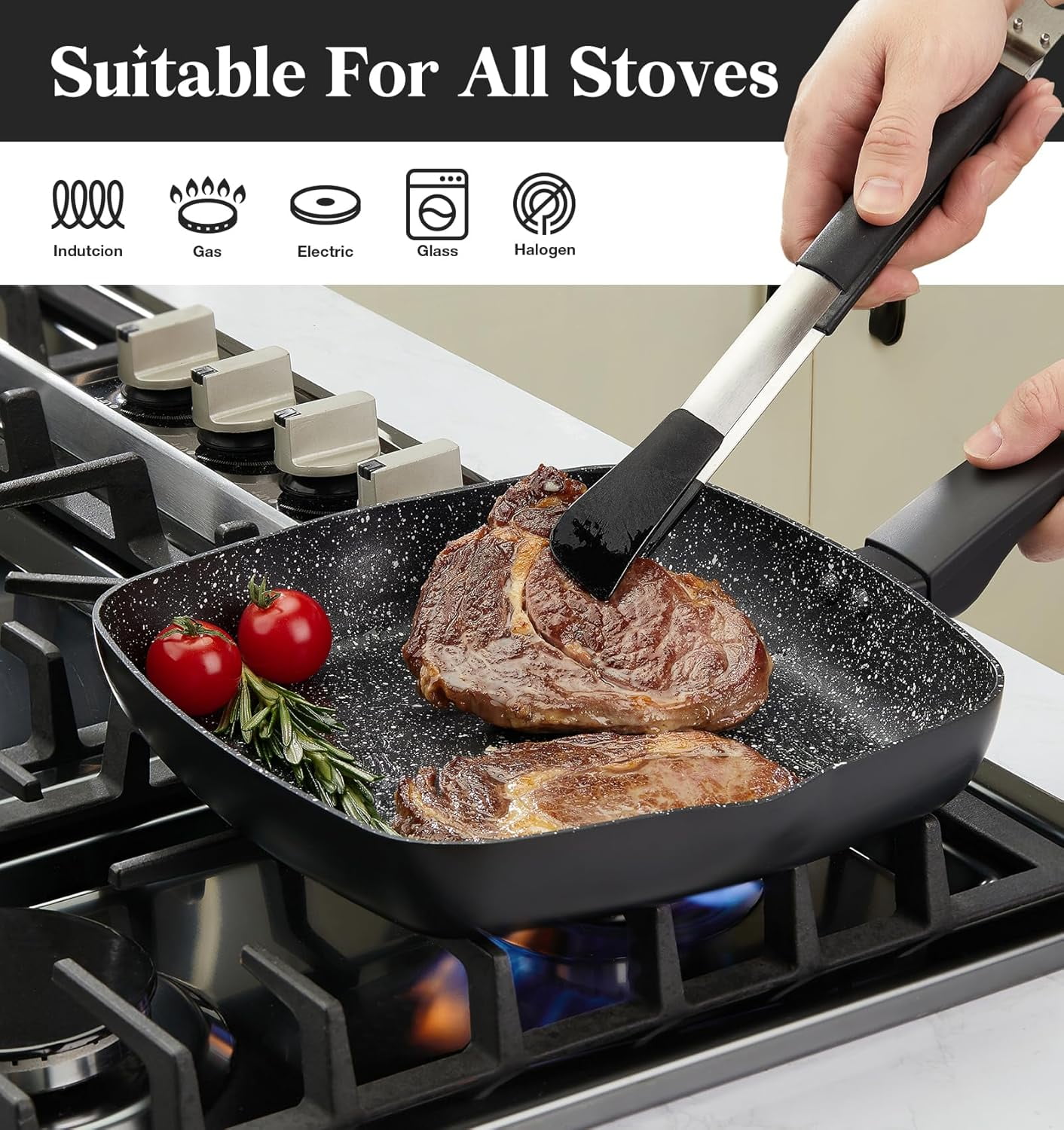Koch Systeme CS 11 Inch Nonstick Grill Pan with Bakelite Handle, Marble Coating Square Grill Skillet with Lid, Fry Pan Compatible with all Stoves, Black