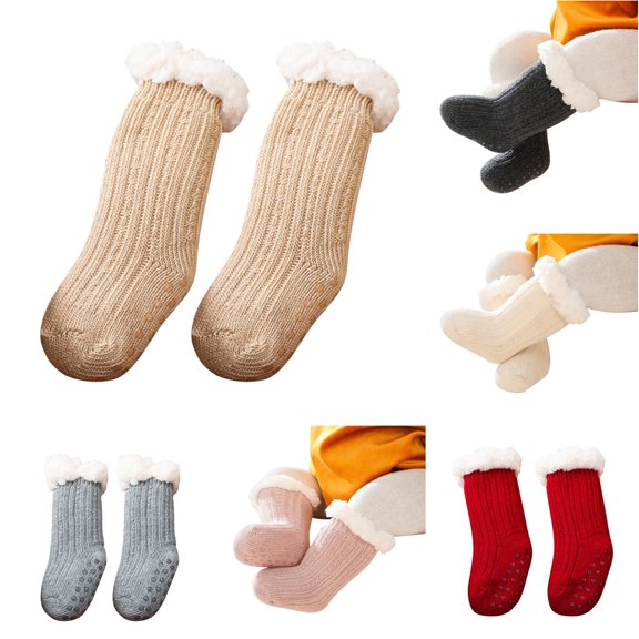 Rggeeun Toddler Socks Grip Socks Warm Comfort Crew Socks Boys Girls Cotton Socks Fall Winter Cute Socks Streetwear Leisure,Beige,6-12 Months