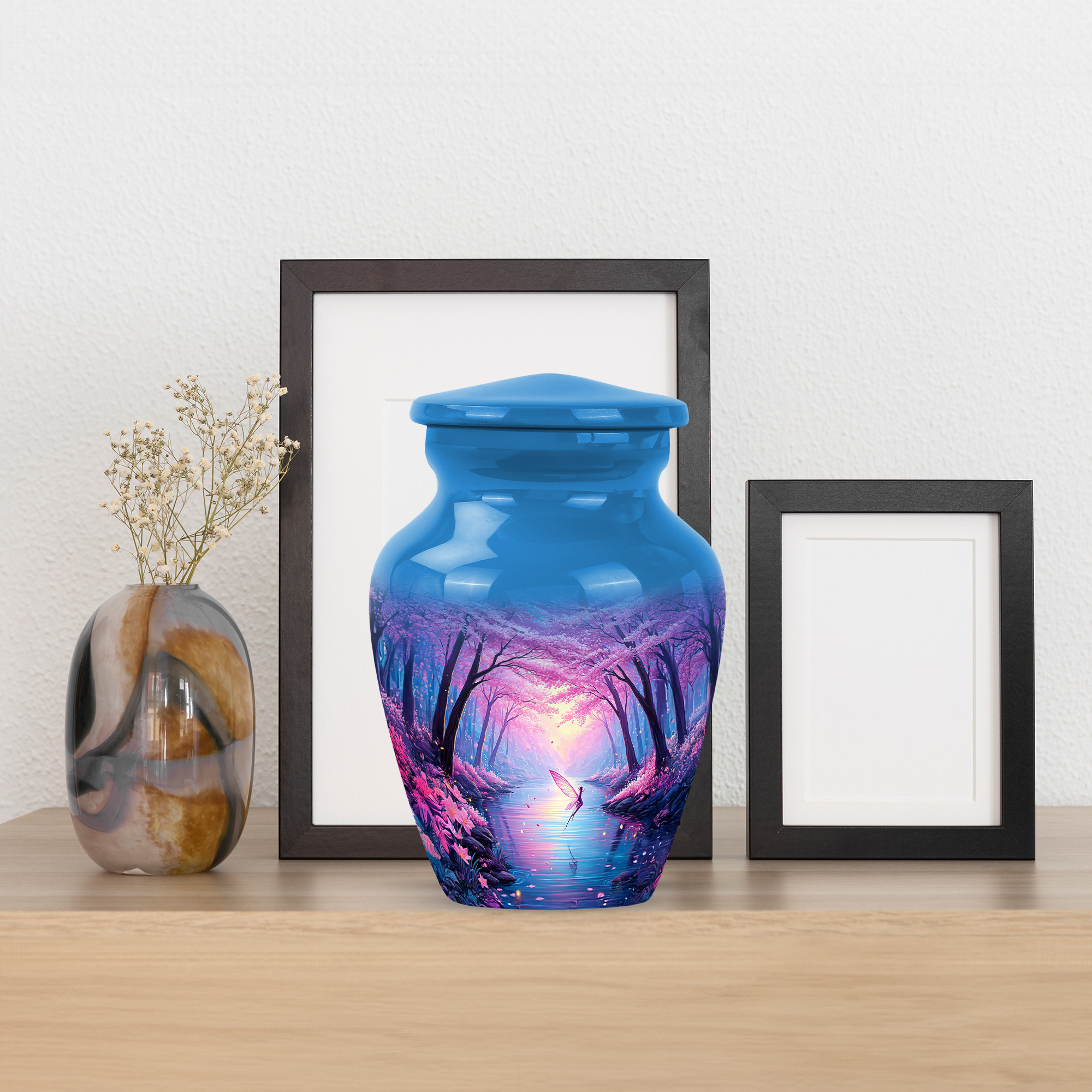 MUKTIVE Cherry Blossom Funeral Urns for Adult Male, Pink Butterfly Memorial Urn for Ashes for Women, Decorative Blue Cremation Urn, Burial Urns for Father Ashes, 3 Inch