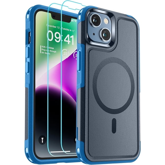 Magnetic for iPhone 14 Case & iPhone 13 Case (Compatible with MagSafe)(12FT Military Grade Drop Protection)(2X Tempered Glass Screen) Shockproof Phone Case 6.1 inch, Deep Blue