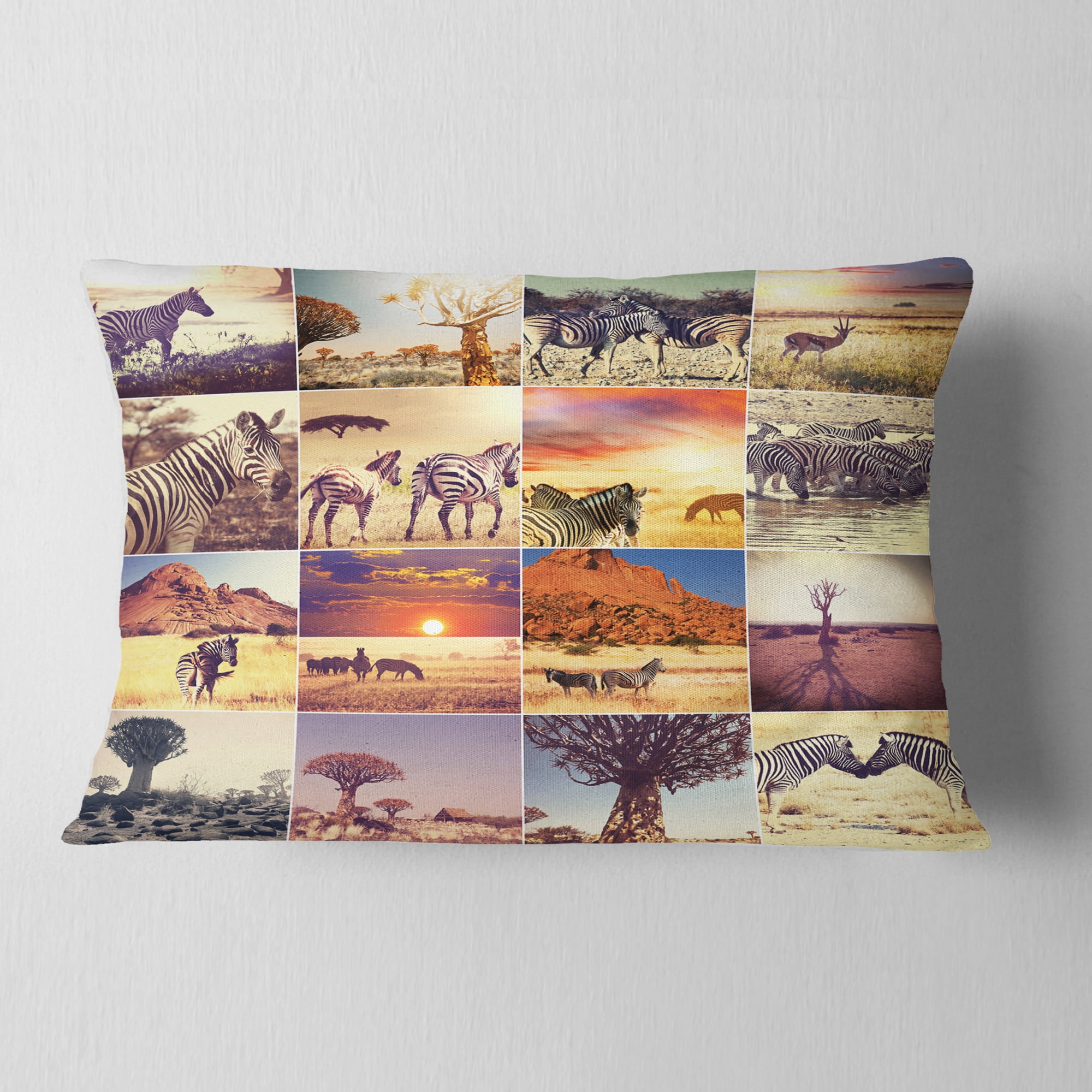 Designart African Wildlife and Nature Collage - African Landscape Printed Throw Pillow - 12x20