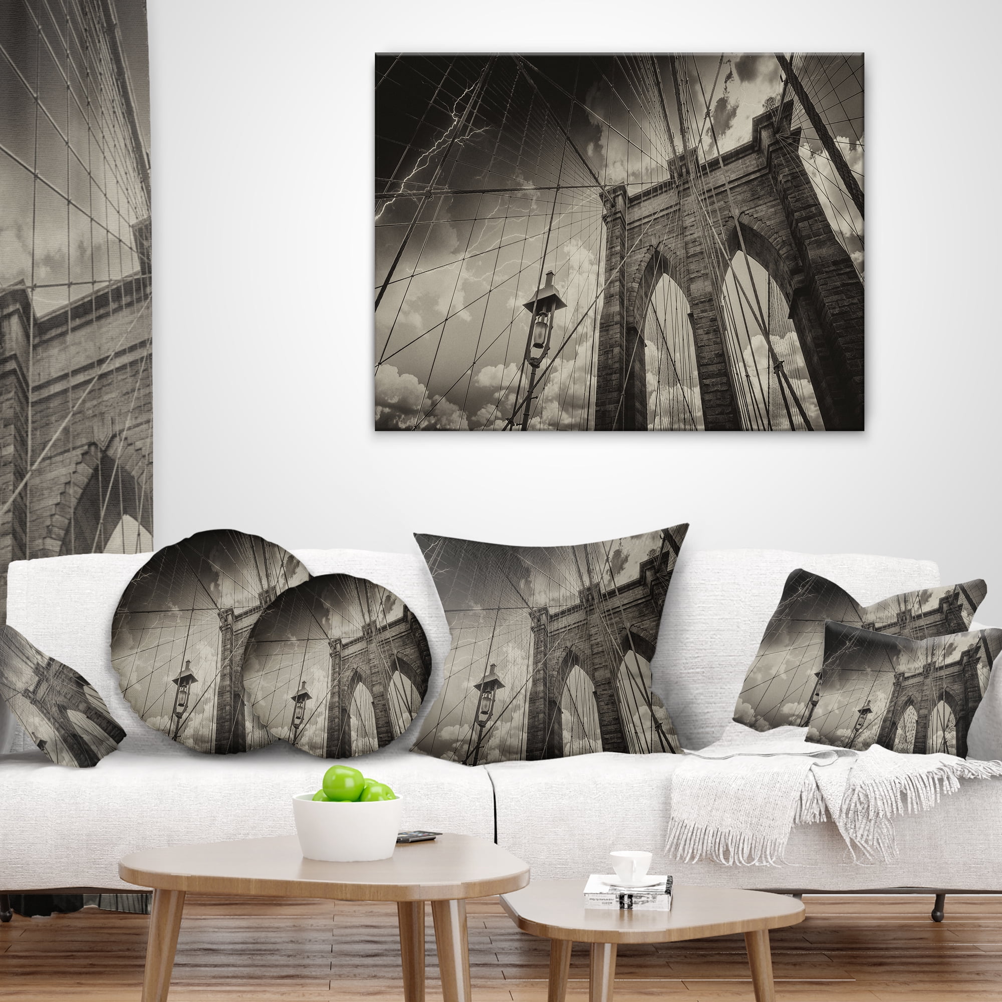 Designart Upward View of Brooklyn Bridge - Cityscape Photo Throw Pillow - 12x20