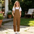 thumbnail image 2 of Tisuna Kids Boys And Girls Overalls Pants Solid Color Sleeveless Suspender Trousers With Pocket Casual Breathable Child Straight Leg Pants Brown Size 5-6 Years, 2 of 6