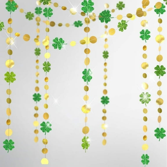 Cheerland Green Shamrock Garland St Patrick's Day Decorations 4 Leaf Clover Glitter, Pack of 4, 52 in