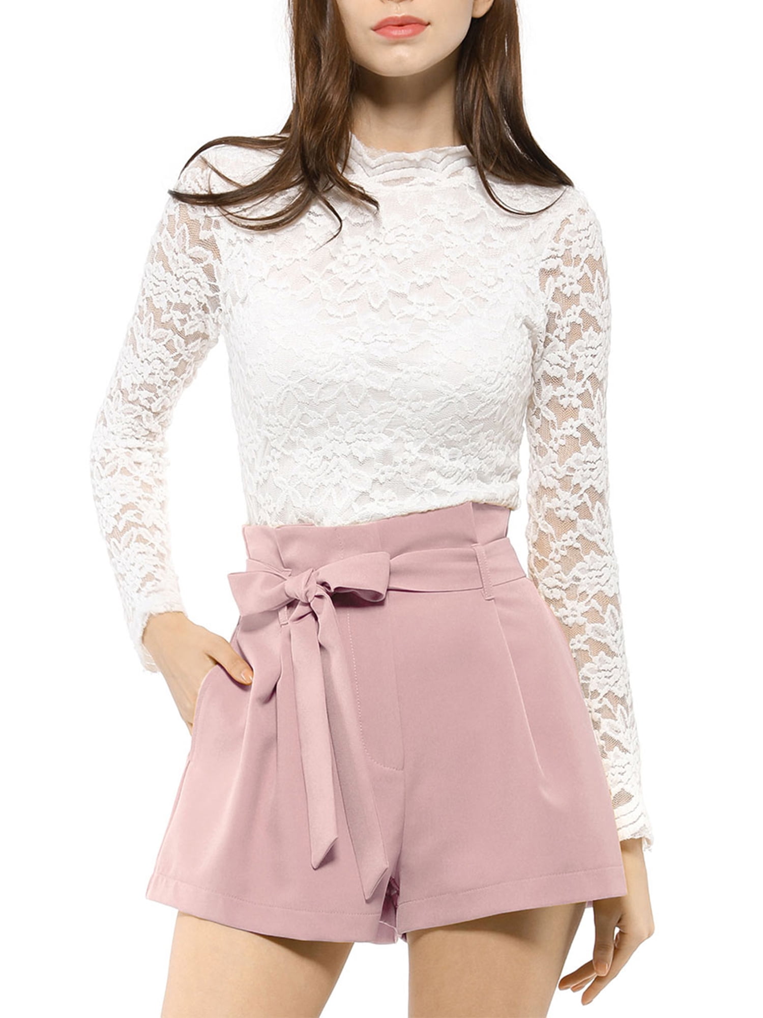 DARING DIVA Women's Bow Tie High Waist Short Paper Bag Shorts XS Pink