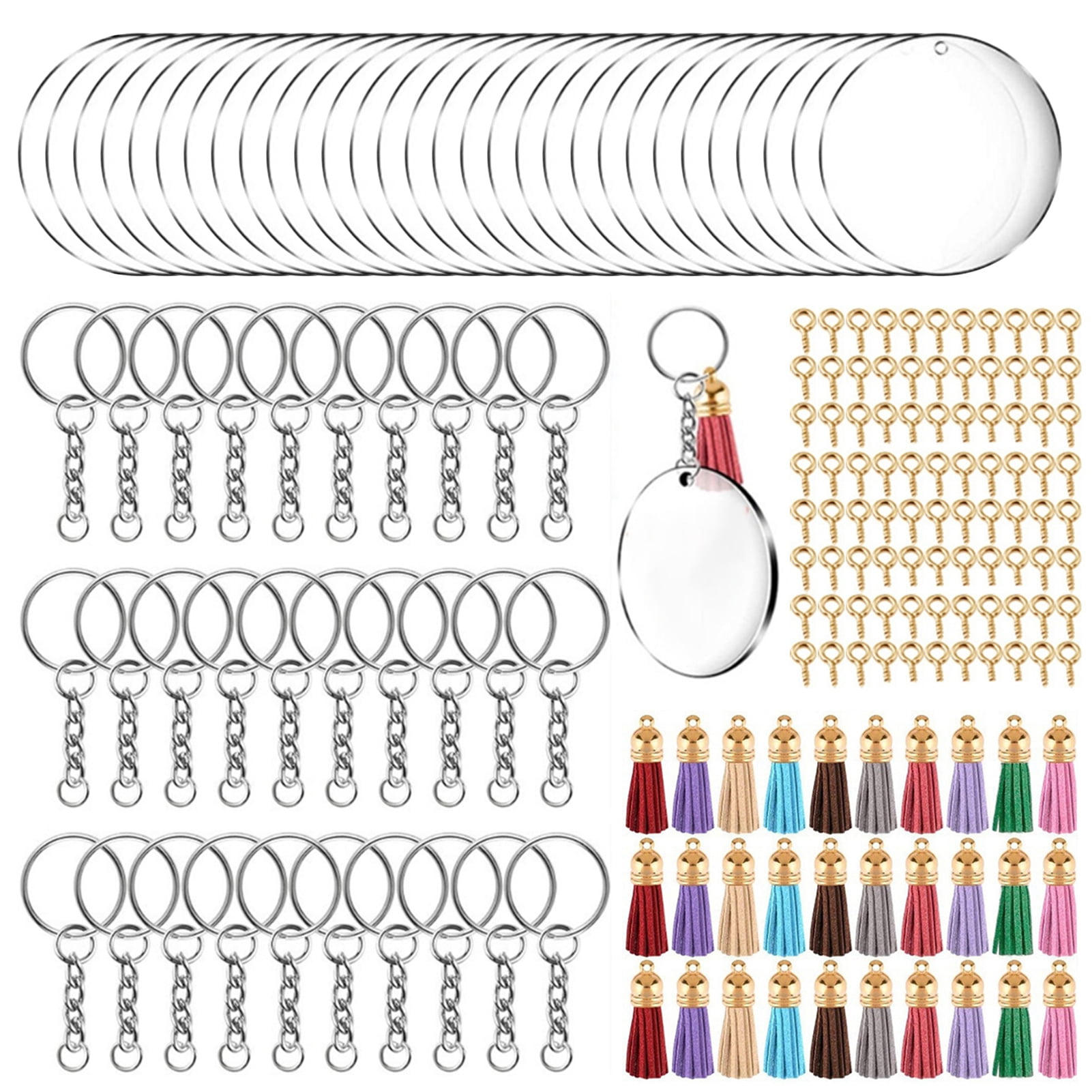 200pcs Acrylic Clear Circle Keychain Set Round Blank Leather Tassel Pendant DIY 