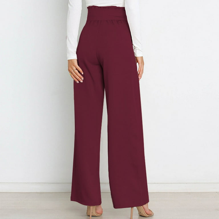 RYRJJ Straight Wide Leg Long Trousers with Tie Belt for Women Pleated Front  High Waisted Business Work Pants Elegant Dress Trousers(Wine,M)