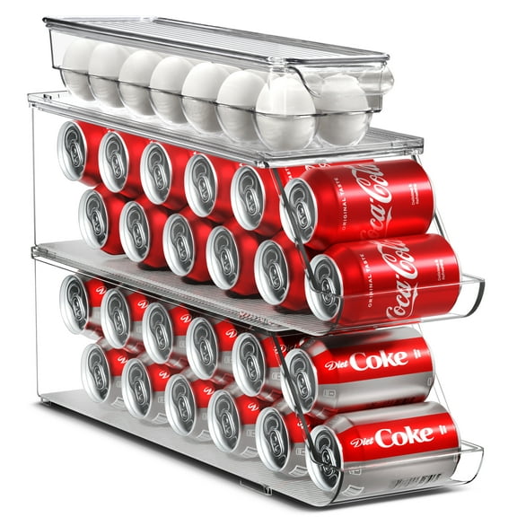 Sorbus Soda Can Organizer for Refrigerator & Egg Holder for Fridge Set, 2 Stackable Can Holder Dispenser Holds 12 Cans Each & 1 Egg Holders with Lid holds 14 eggs for Fridge, Pantry, Freezer, BPA-Free