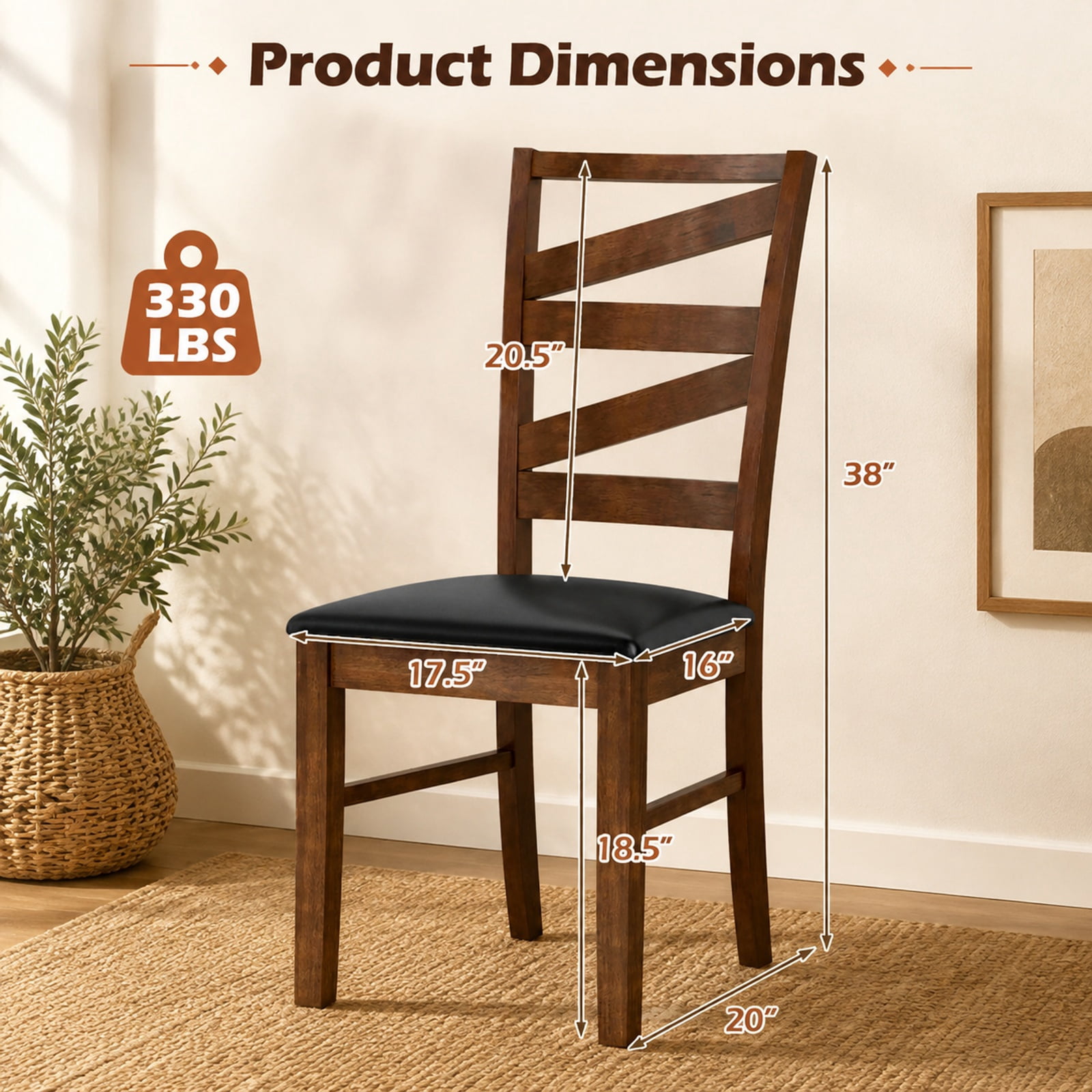 Furnibear Leather Dining Chairs Set of 2 Kitchen Side Chairs with Rubber Wood Legs and Ventilated W Shape Back for Dining Room, Walnut