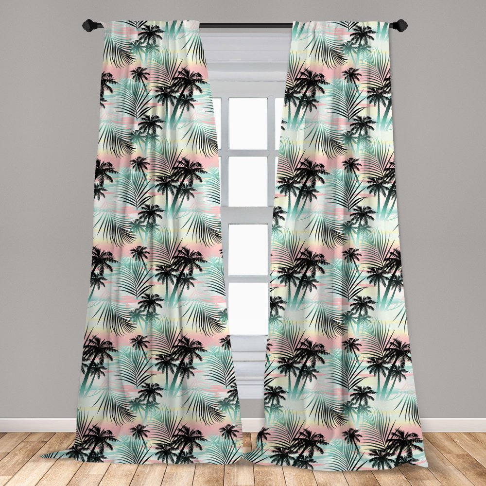 Hawaii Curtains 2 Panels Set, Summer Season Palm Trees and Exotic Fern