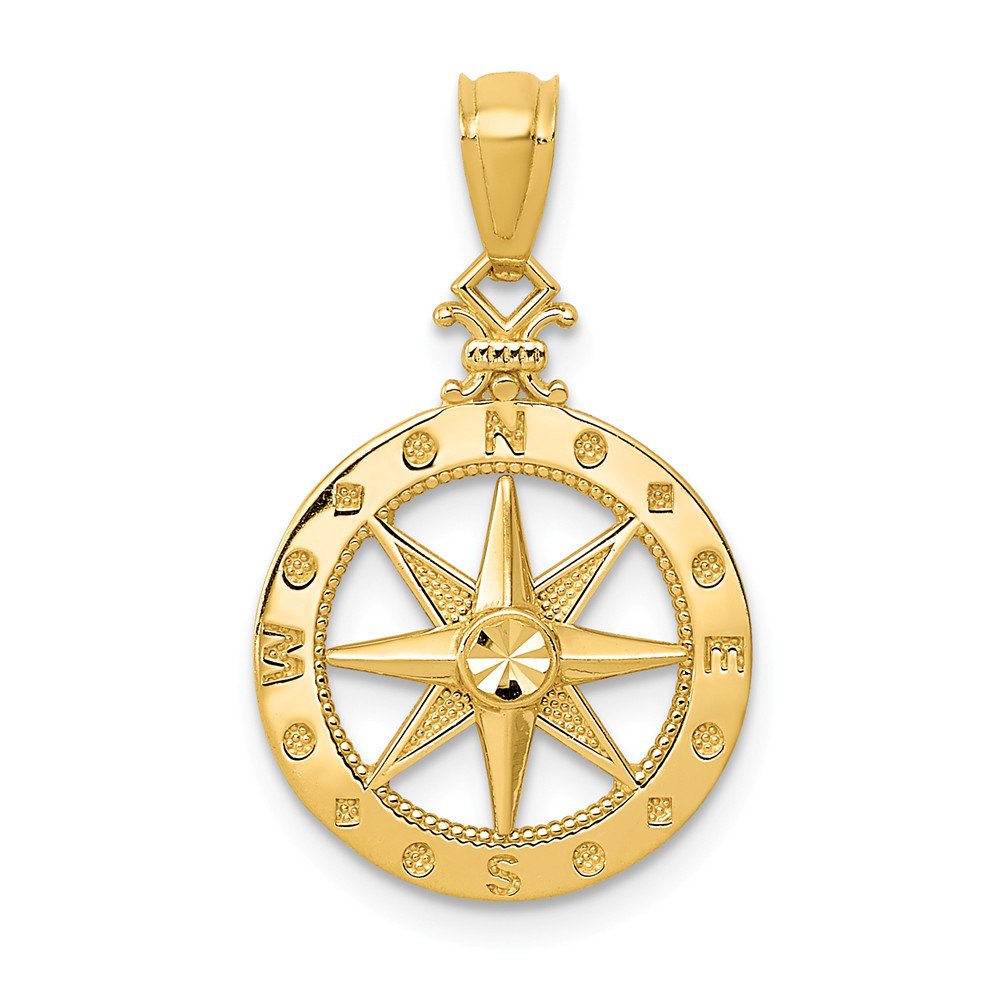 14k Yellow Gold Diamond-cut Polished Compass Pendant Charm