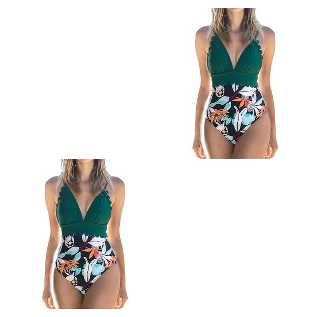 Traje de baño Advancent de mujer Espalda abierta Acolchado Impreso Verde + Flor negra L