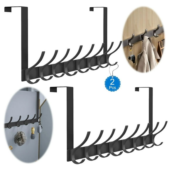 Square 2Pack Over The Door Hooks, Stainless Steel Heavy Duty Hanger Holder for Hanging Coat Robe Hat Clothe Towels, Behind The Door Hanger Hooks with 8 Double Dual Coat Hook, Fits 1-3/4" Thick Door
