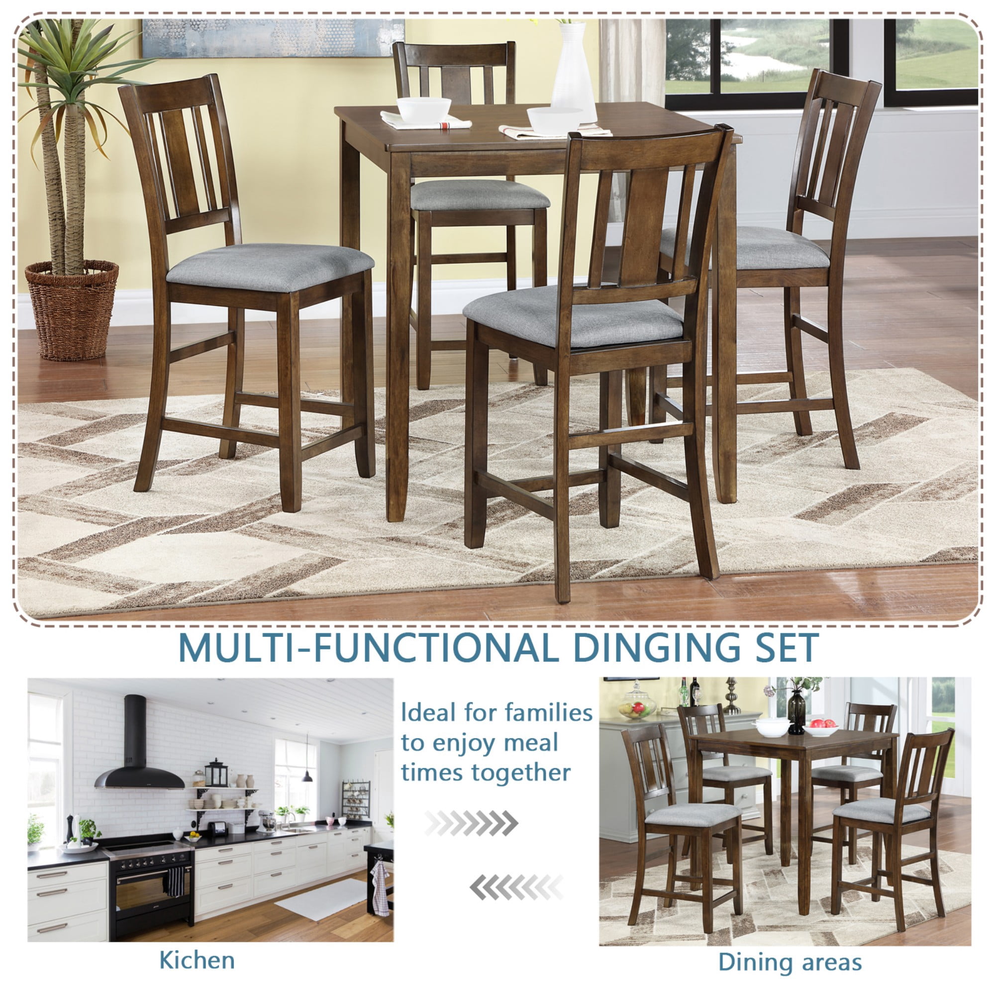 BSHTI 34.5" Acacia Wood 5-Piece Counter Height Dining Table Set with Fabric Upholstered Slatted-Back Chairs for Kitchen（Walnut）
