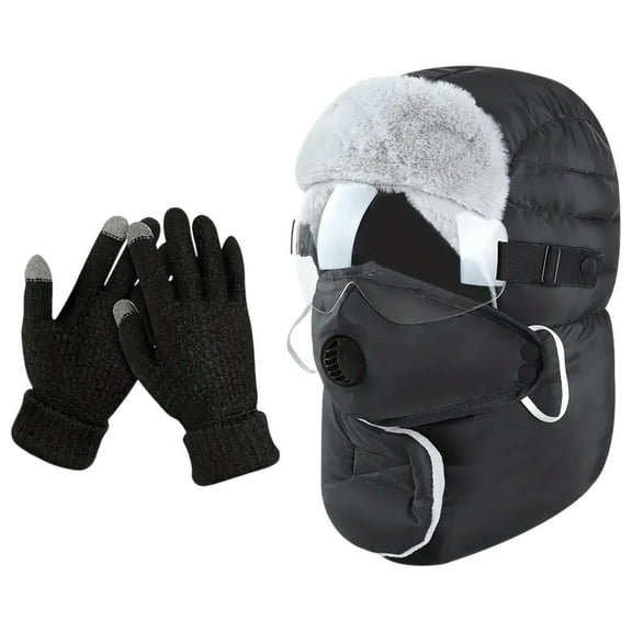 Extreme Cold Weather Hat with Detachable Face Mask & Gloves Set - Windproof Thermal Polyester for -40°C, Skiing, Snowboarding & Motorcycle Riding