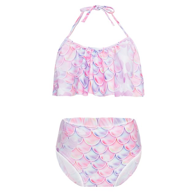 TiaoBug Girls 2 Pcs Mermaid Bikini Sets Shiny Halter Ruffles Crop Top with Triangle Brief Bathing Suit Tankini Pink B 130