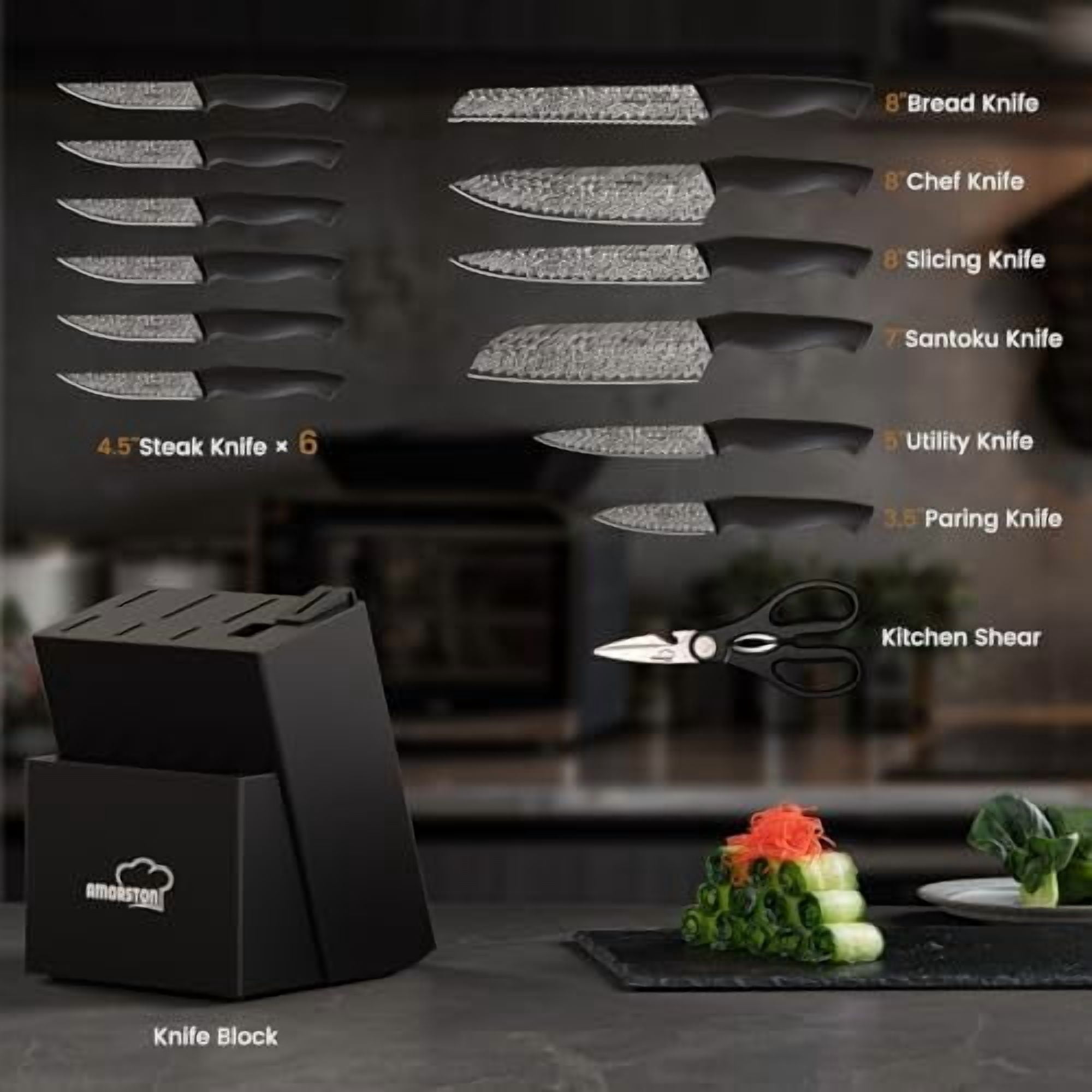 Knife Set, 15 Pieces Kitchen Knife Set with Built in Knife Sharpener, High Carbon German Stainless Steel Knife Block Set, Dishwasher Safe Knives Set, Black