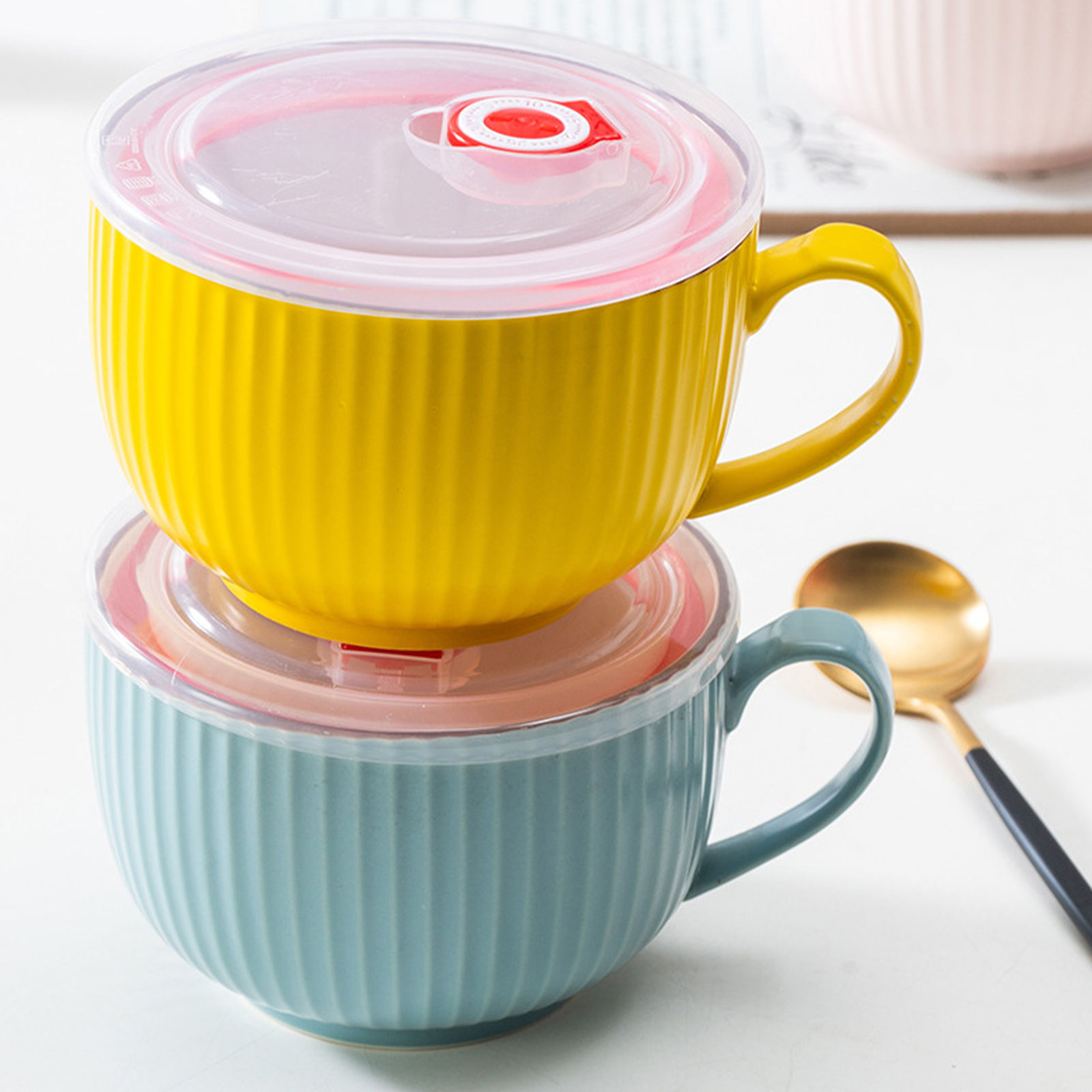 Mini Ceramic Pot with Lid Quick Noodle Soup Bowl Steaming Cup Soup Pot Home  Office Dormitory Ceramic Saucepan Microwave Dishwasher Safe B 14x14x12.8cm