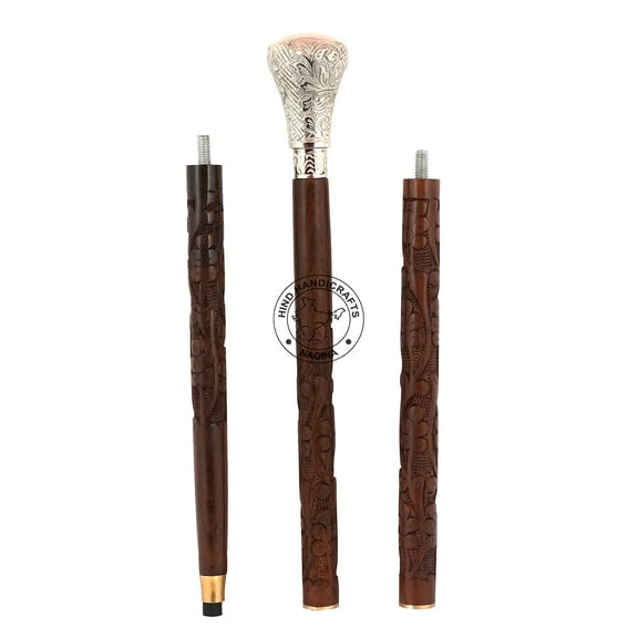 Decorative Victorian Canes and Walking Sticks for Men & Women - 36" Brown Ebony Brass Handle Unisex Derby Foldable Cane | Hind Handicrafts (36 inch Engraved, Silver Knob 2)
