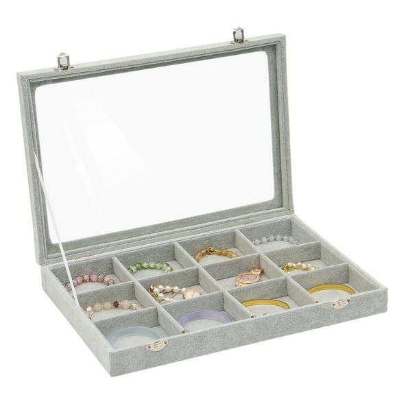 Jewelry Organizer Tray 12 Grid Velvet Jewelry Storage Box with Clear Lid Jewelry Display Case with Lock Bracelet Earring Ring Organizer Showcase Gifts for Girls Women-12 Grid Gray