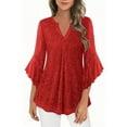 thumbnail image 2 of Ladies Tops and Blouses,Womens V-Neck Solid Color Sparkle Mesh Top 3/4 Sleeve Gold Foil Breathable Party Gathering Evening Cocktail Wear Red S, 2 of 7