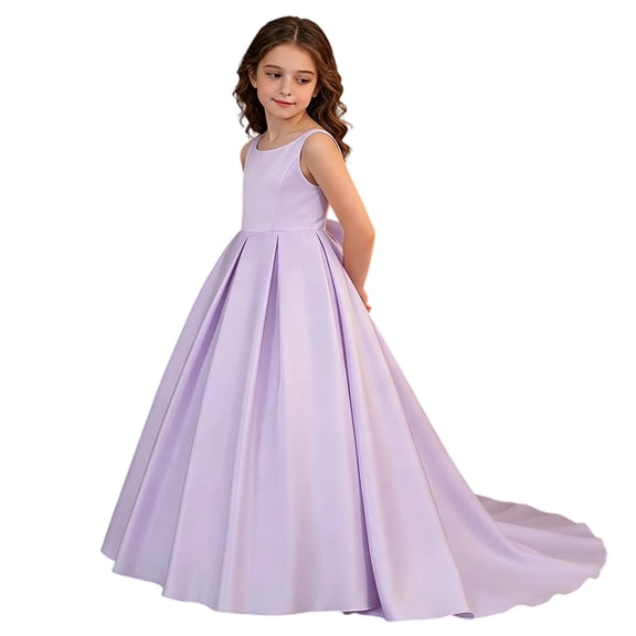 Bobifish Little Girls Formal Dresses Sleeveless Plain Satin Fabric Party Dress Floor Length Train Wedding Pageant Special Event Dress