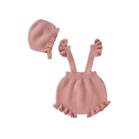 

Amuver Baby Girls Suspender Pants with Hat Adjustable Straps Plain Knitted Ruffle Overalls High Waist Short One-Piece Jumpsuit